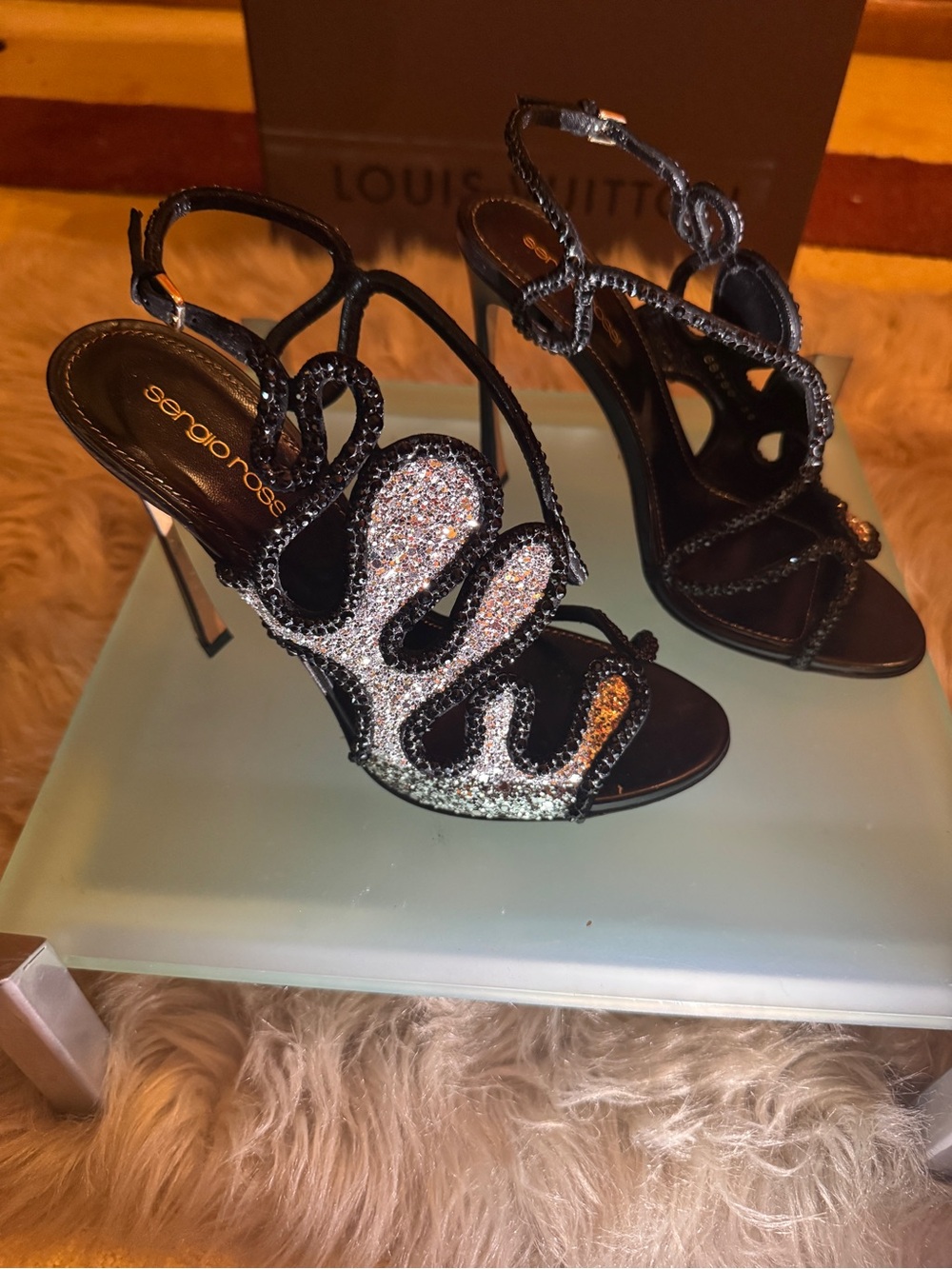 Sergio Rossi Black and Silver Glitter Strappy Stiletto Sandals